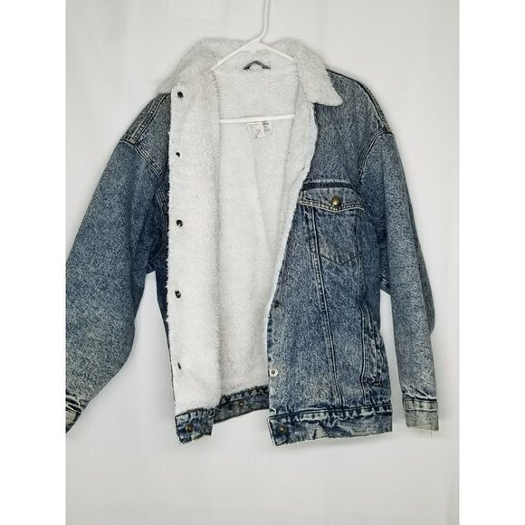 Brass Plum VINTAGE Jean Denim Chore Barn Jacket Acid Washed Sherpa Button Up M - Picture 12 of 16